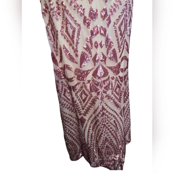 Allie Blu Pink/Cream Sequin Halter Backless Lace-upBodycon Formal Prom Dress